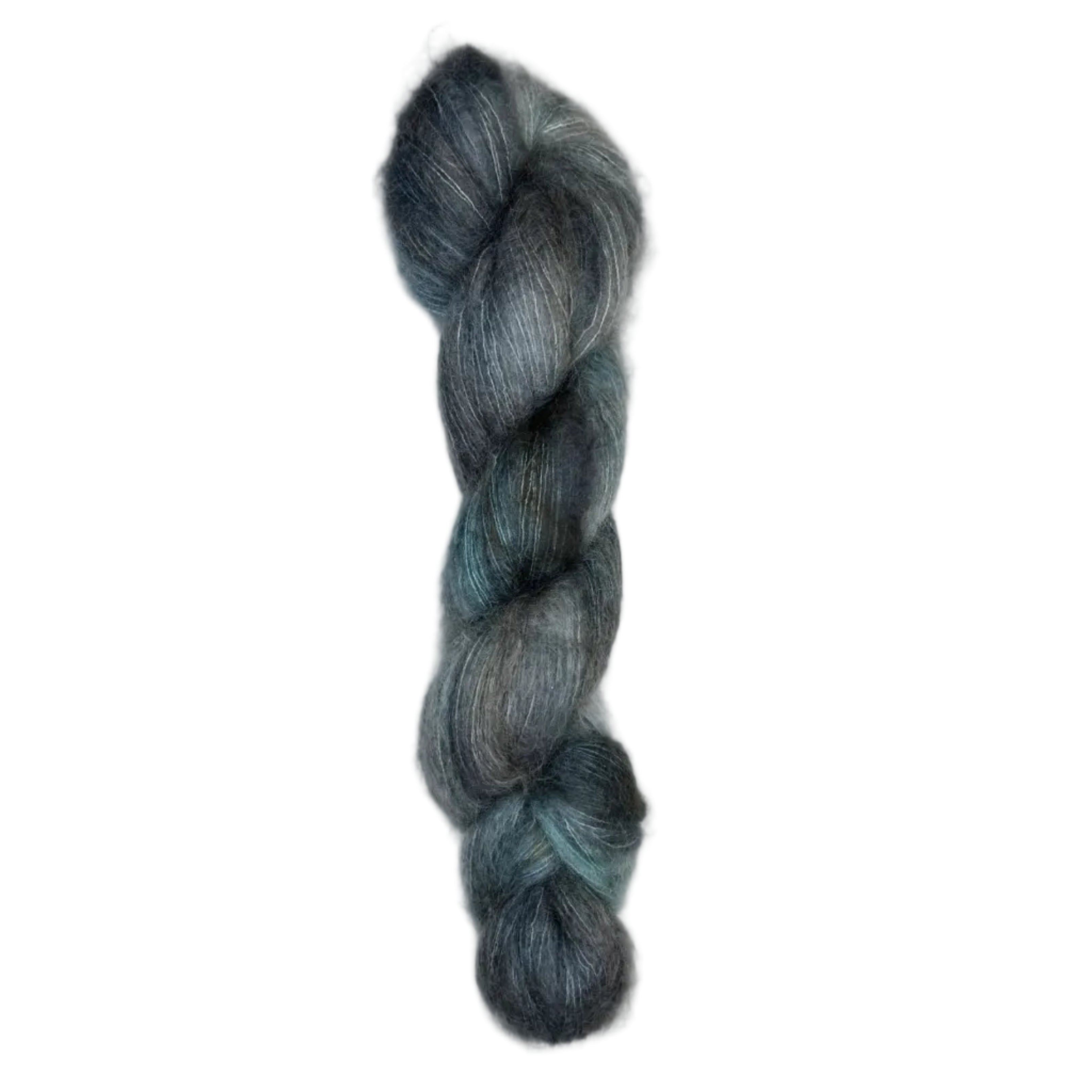Skein of mohair silk yarn hand-dyed in Wyoming in the color grey blue black