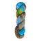A skein of hand-dyed fingering/sock yarn color blue yellow grey orange brown green speckles