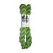 Two skeins of green yarn with labels on a white background