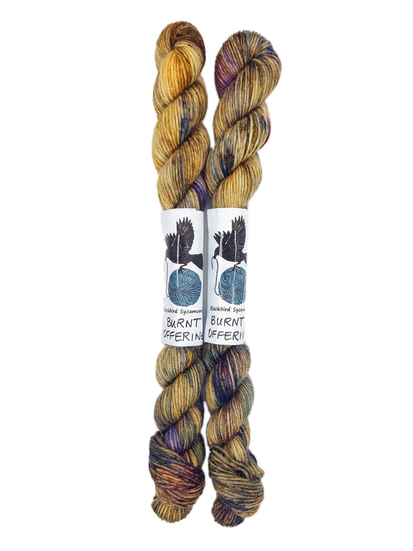 Blackbird Sycamore Fingering Mini Skein Yarn Color tan navy brown red speckles