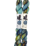 Blackbird Sycamore Fingering Mini Skein Yarn Color blue yellow brown black speckles