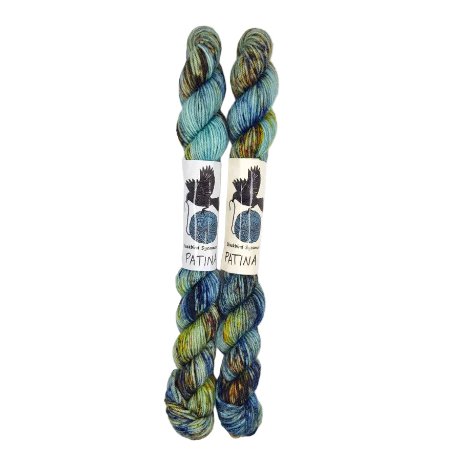 Blackbird Sycamore Fingering Mini Skein Yarn Color blue yellow brown black speckles