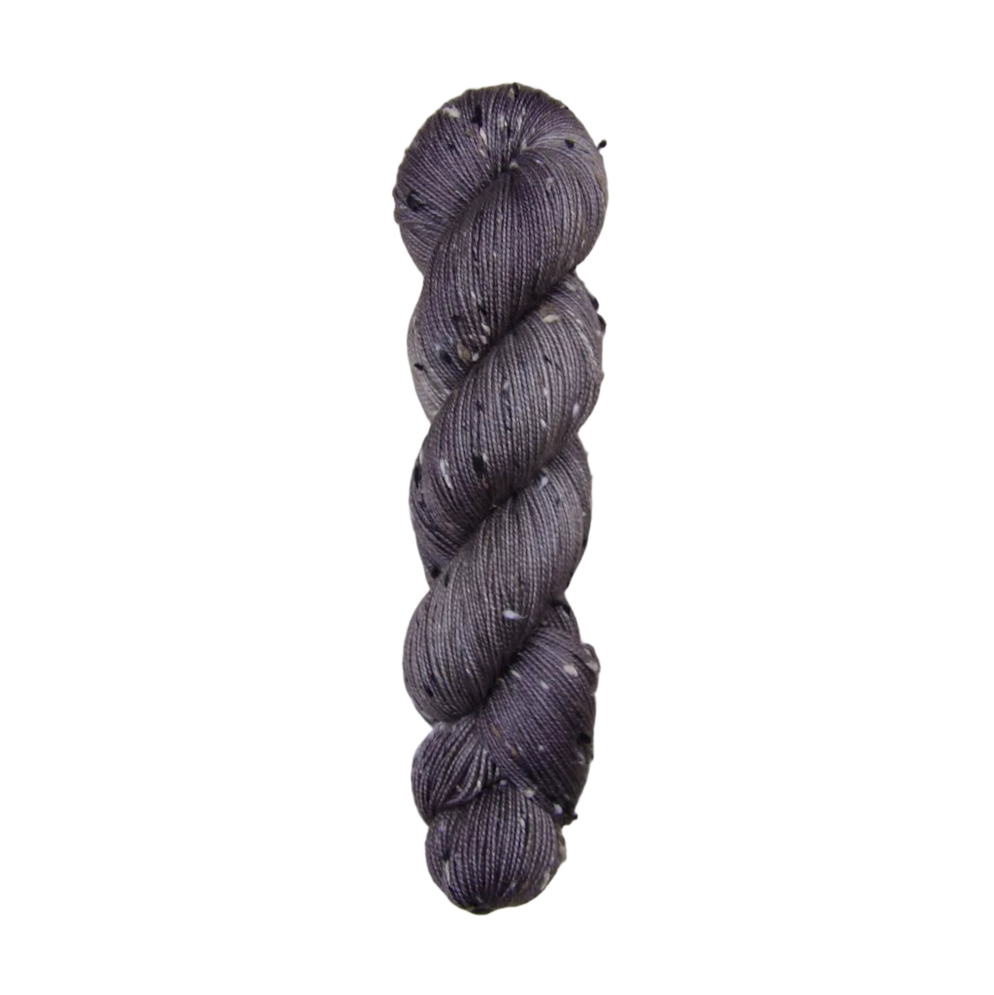 gray skein of yarn with black and white specks