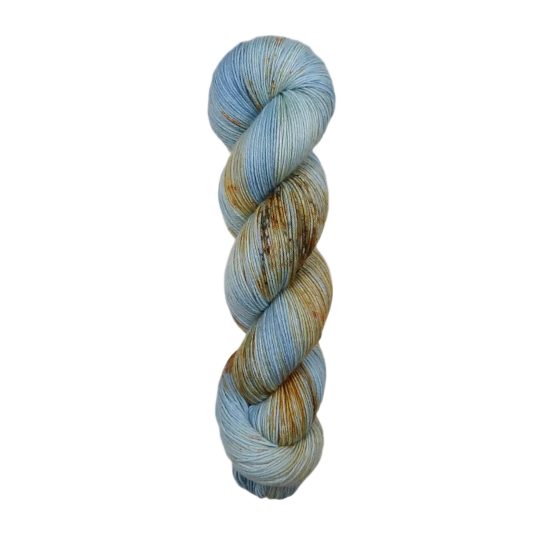 A skein of hand-dyed fingering/sock yarn color blue tan orange brown speckles