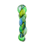 A single twisted hank of variegated yarn in bright green, yellow, and blue