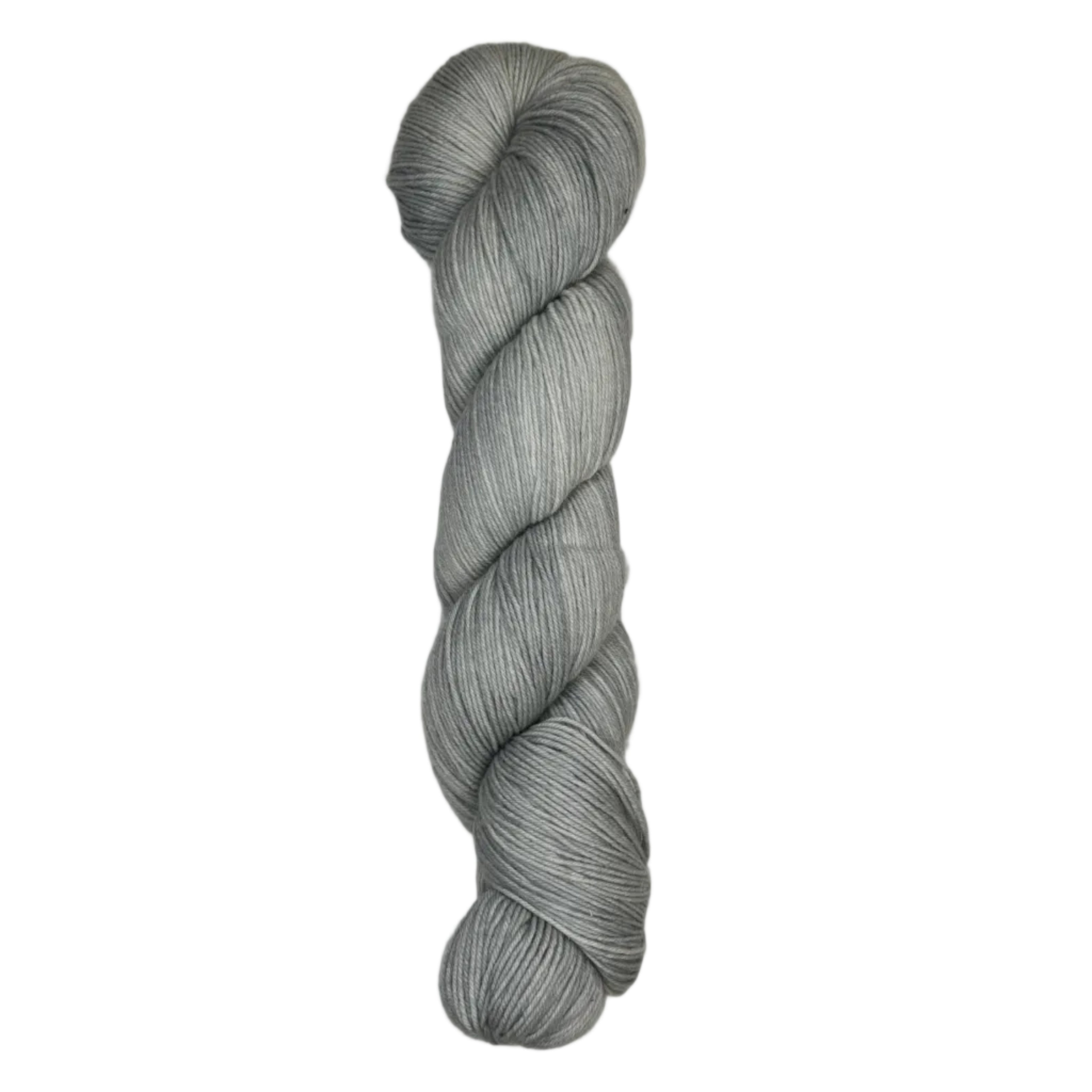 Skein of hand dyed fingering weight yarn in the color grey