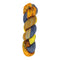 A skein of hand-dyed fingering/sock yarn color orange grey navy yellow black speckles