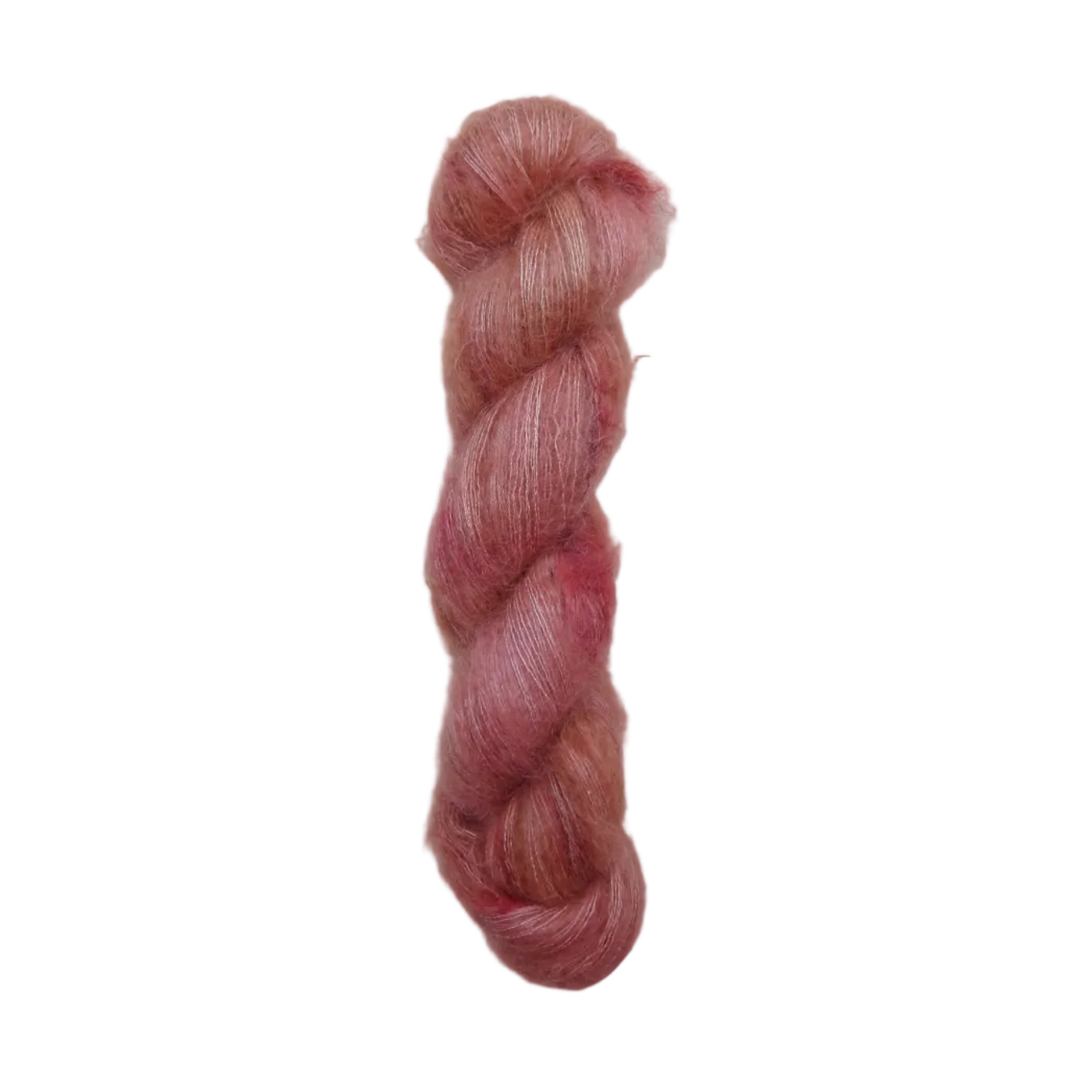 A single twisted skein of soft, fuzzy yarn in a dusty rose pink color
