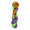 A skein of hand-dyed fingering/sock yarn color orange green purple black speckles