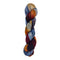 A skein of hand-dyed fingering/sock yarn color red orange blue yellow speckles