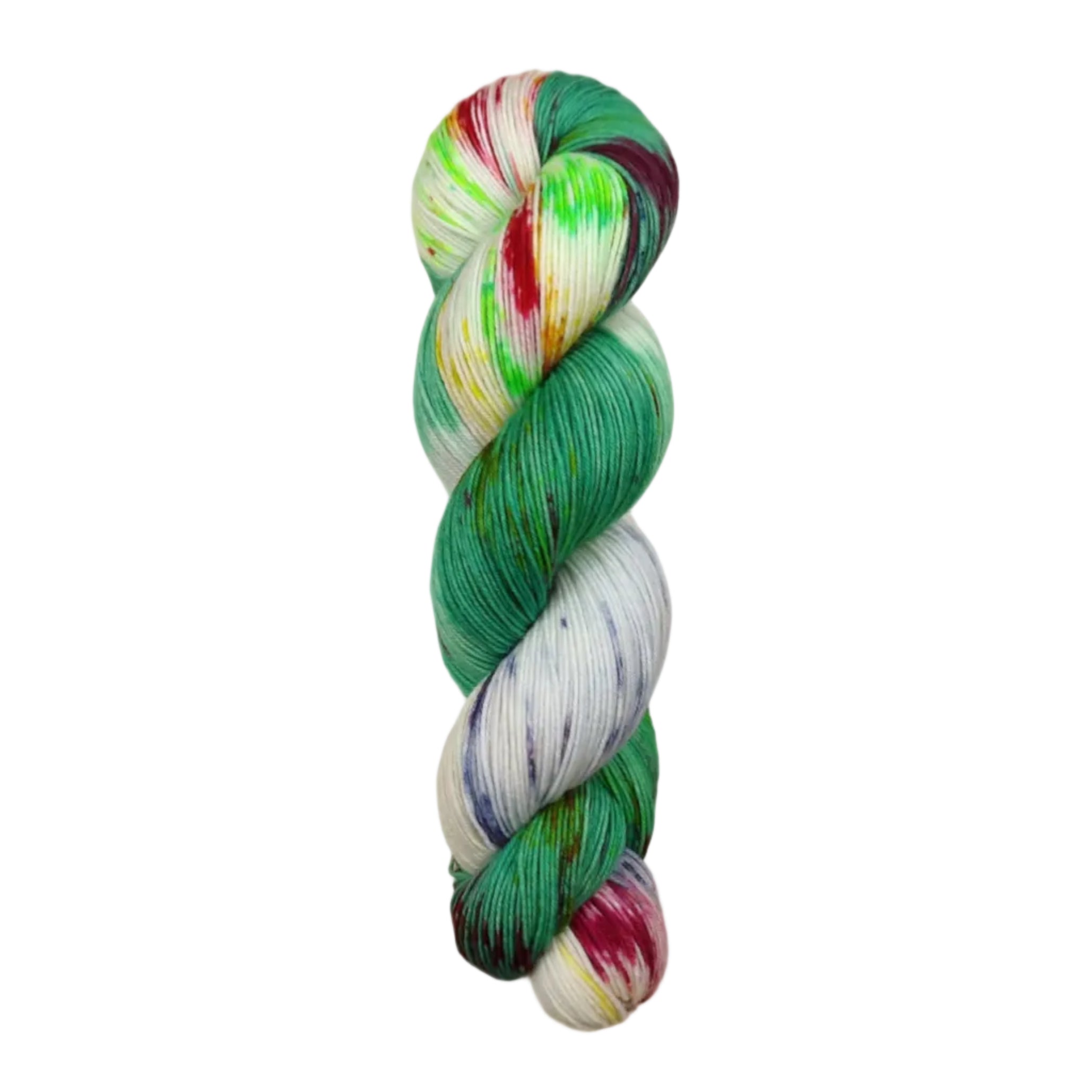 A skein of hand-dyed fingering/sock yarn color white yellow blue green red speckles
