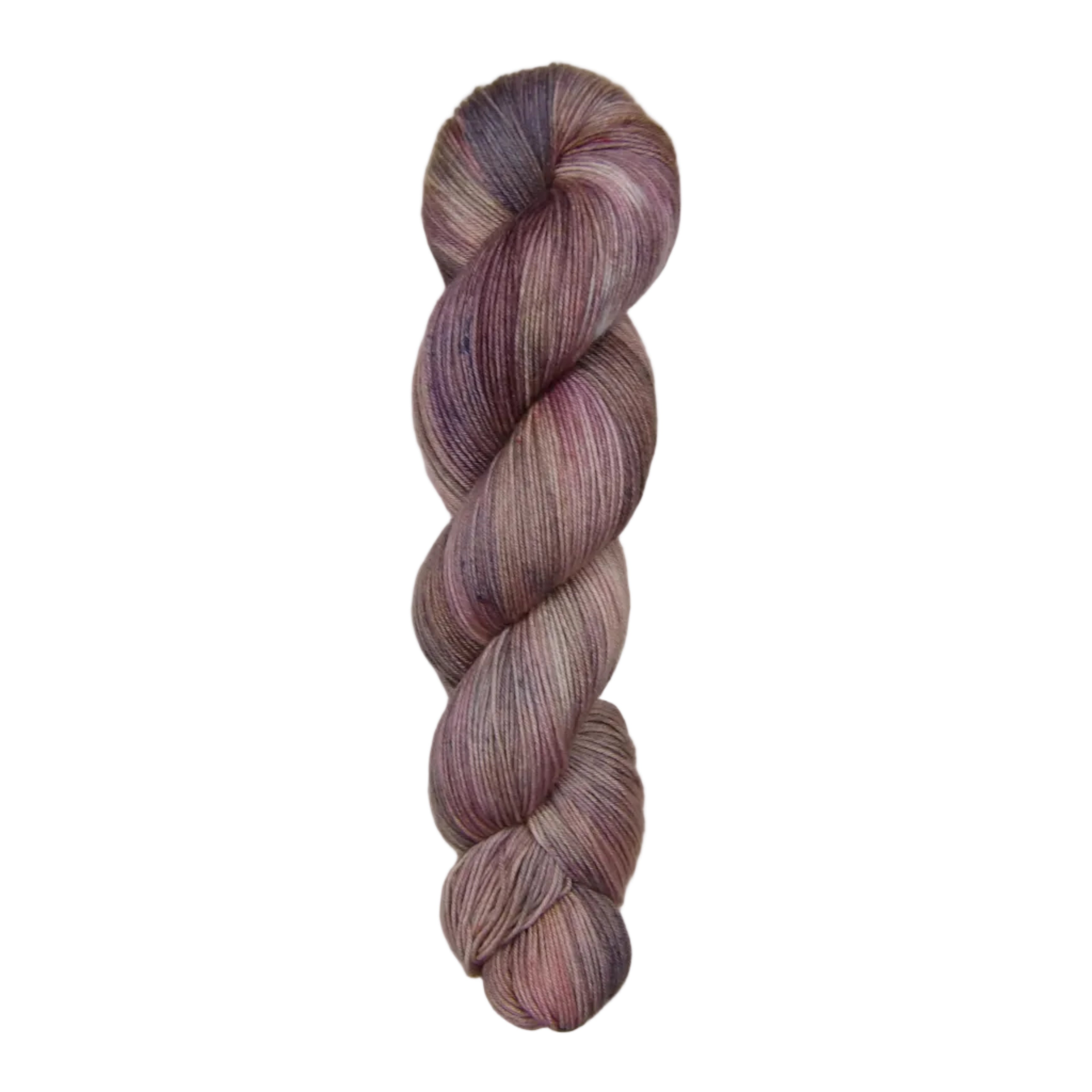 Fingering weight yarn skein with purple, pink, and brown tones on a white background