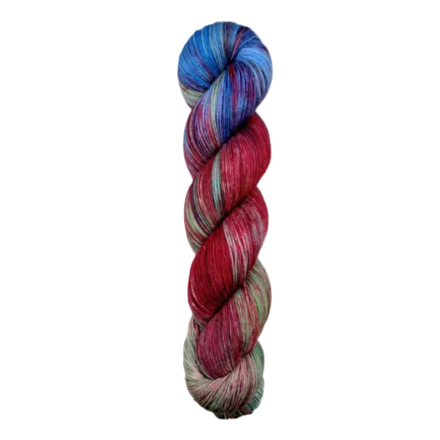 A skein of hand-dyed fingering/sock yarn color brown blue red green purple 