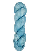 A skein of hand-dyed fingering/sock yarn color light grey white blue 