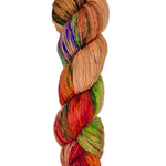 A skein of hand-dyed fingering/sock yarn color orange red  green brown purple black speckles