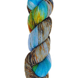 A skein of hand-dyed fingering/sock yarn color blue yellow grey orange brown green speckles