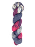 A skein of hand-dyed fingering/sock yarn color red black grey white speckles