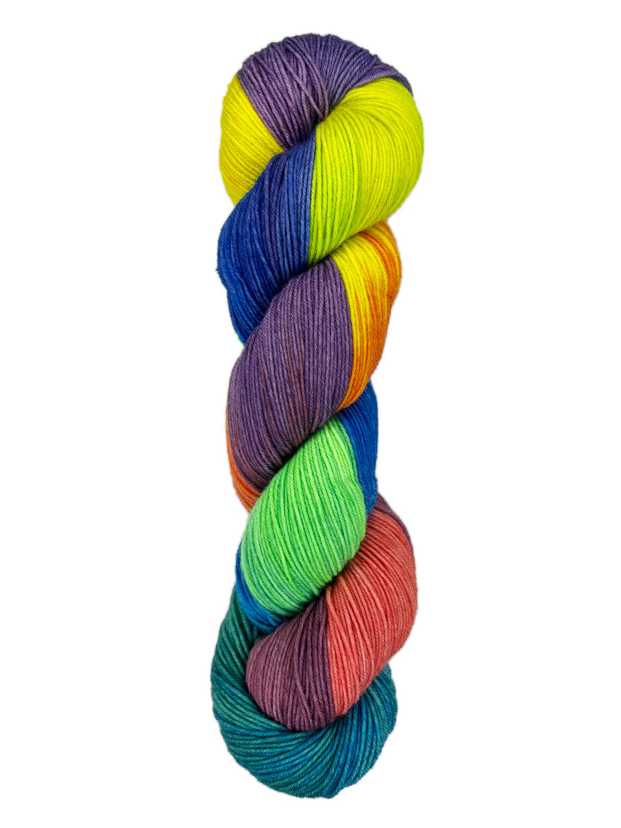 A skein of hand-dyed fingering/sock yarn color yellow purple blue green  pink