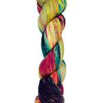A skein of hand-dyed fingering/sock yarn color purple blue pink yellow speckles