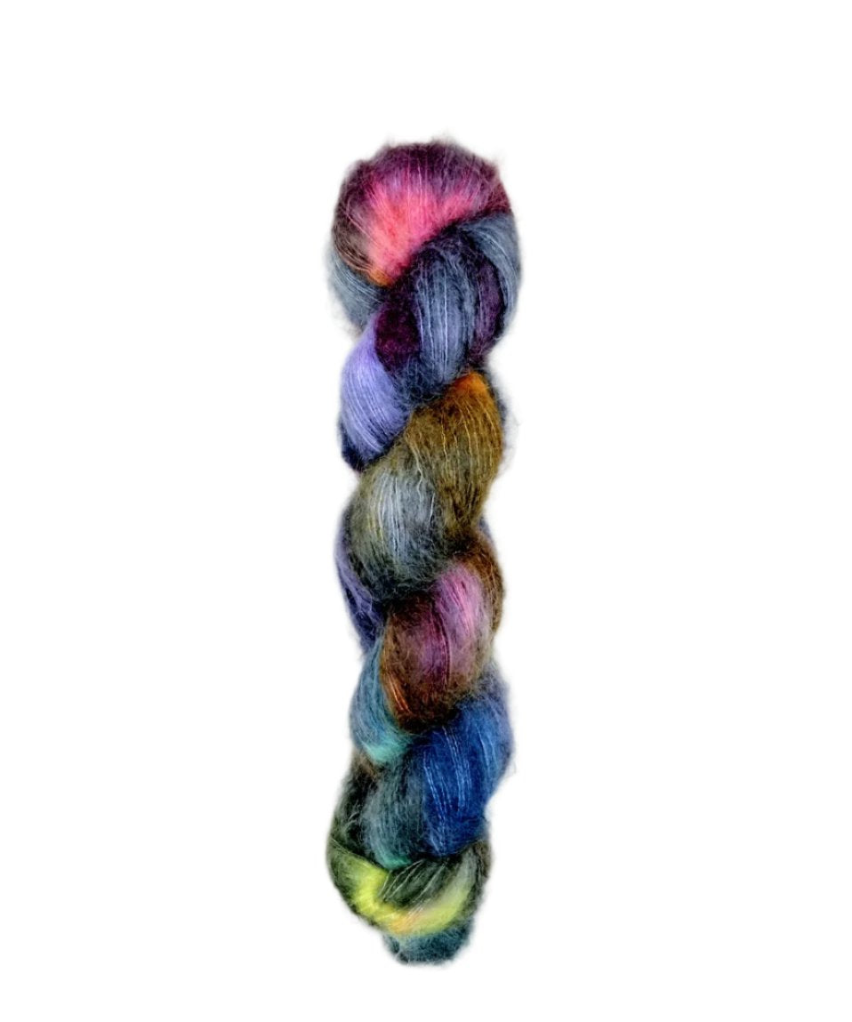 Skein of superkid mohair silk lace weight yarn color black red green yellow