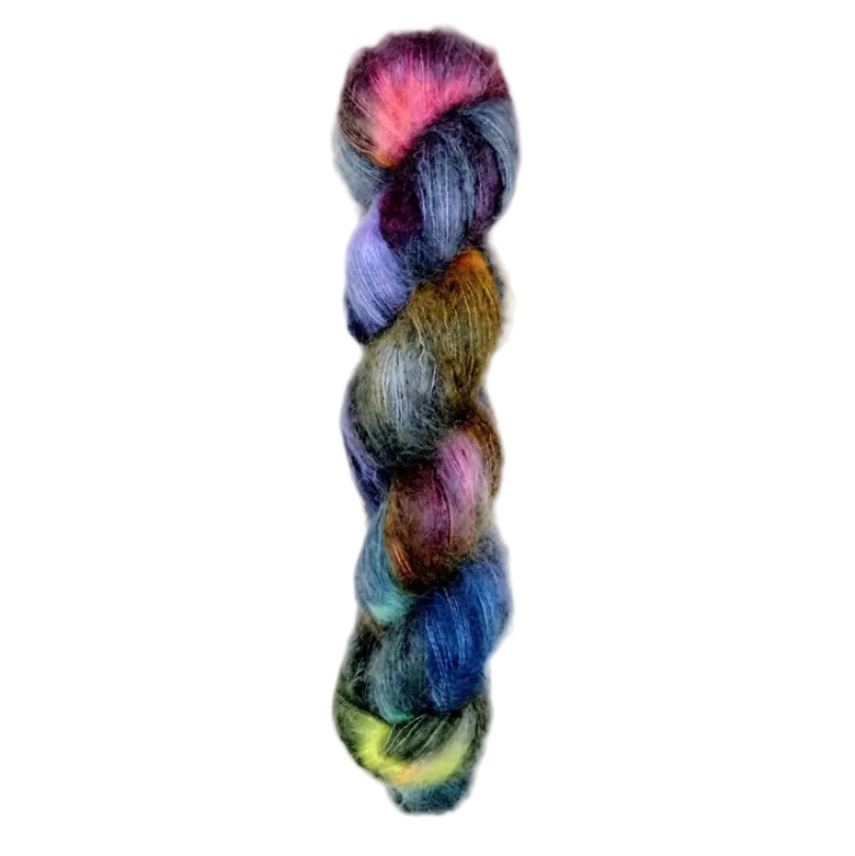 Skein of superkid mohair silk lace weight yarn color black red green yellow