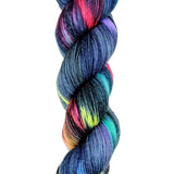 A skein of hand-dyed fingering/sock yarn color black red purple green orange yellow 