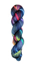 A skein of hand-dyed fingering/sock yarn color black red purple green orange yellow 