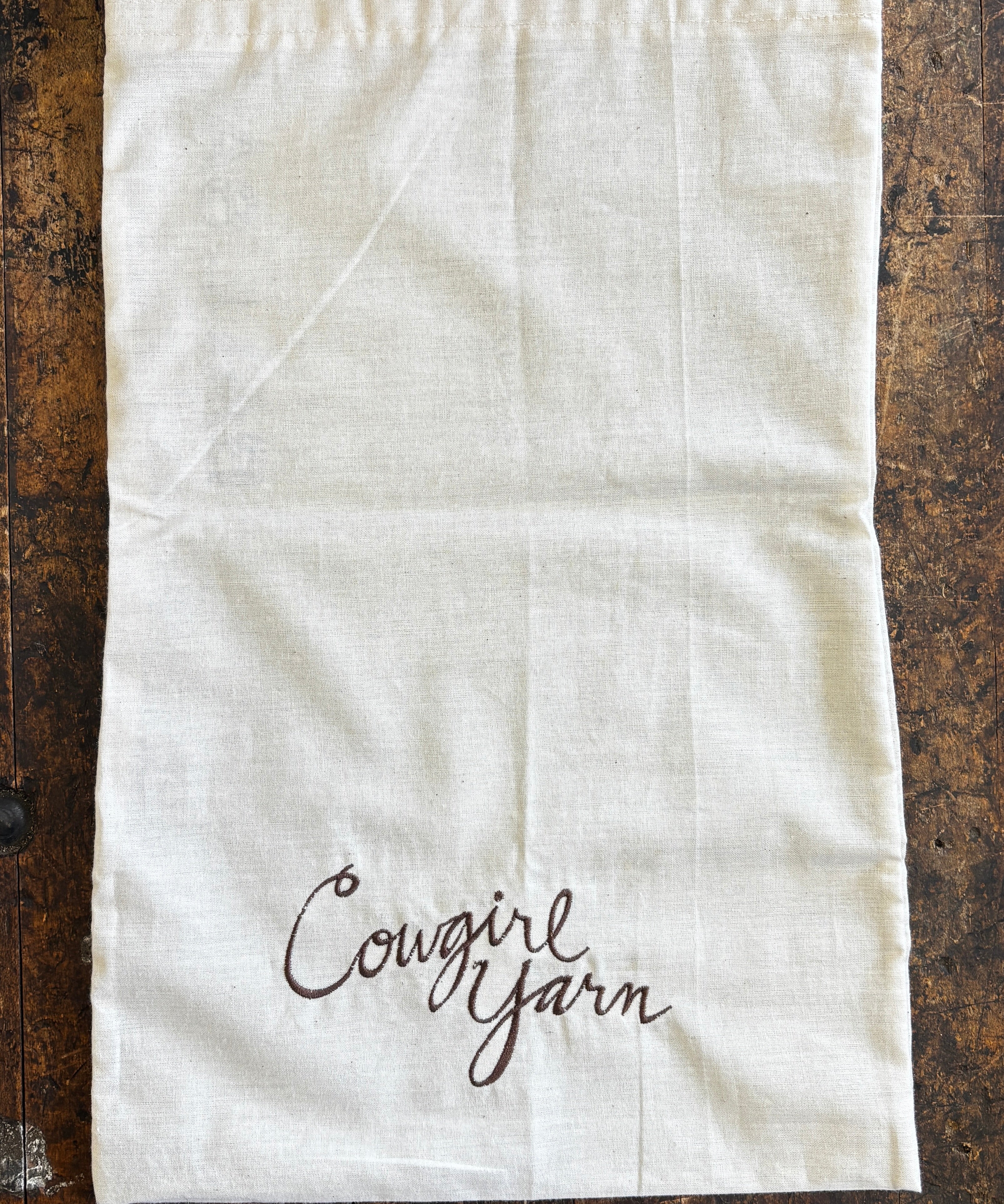 Cloth project bag with Cowgirl Yarn hand embroidered