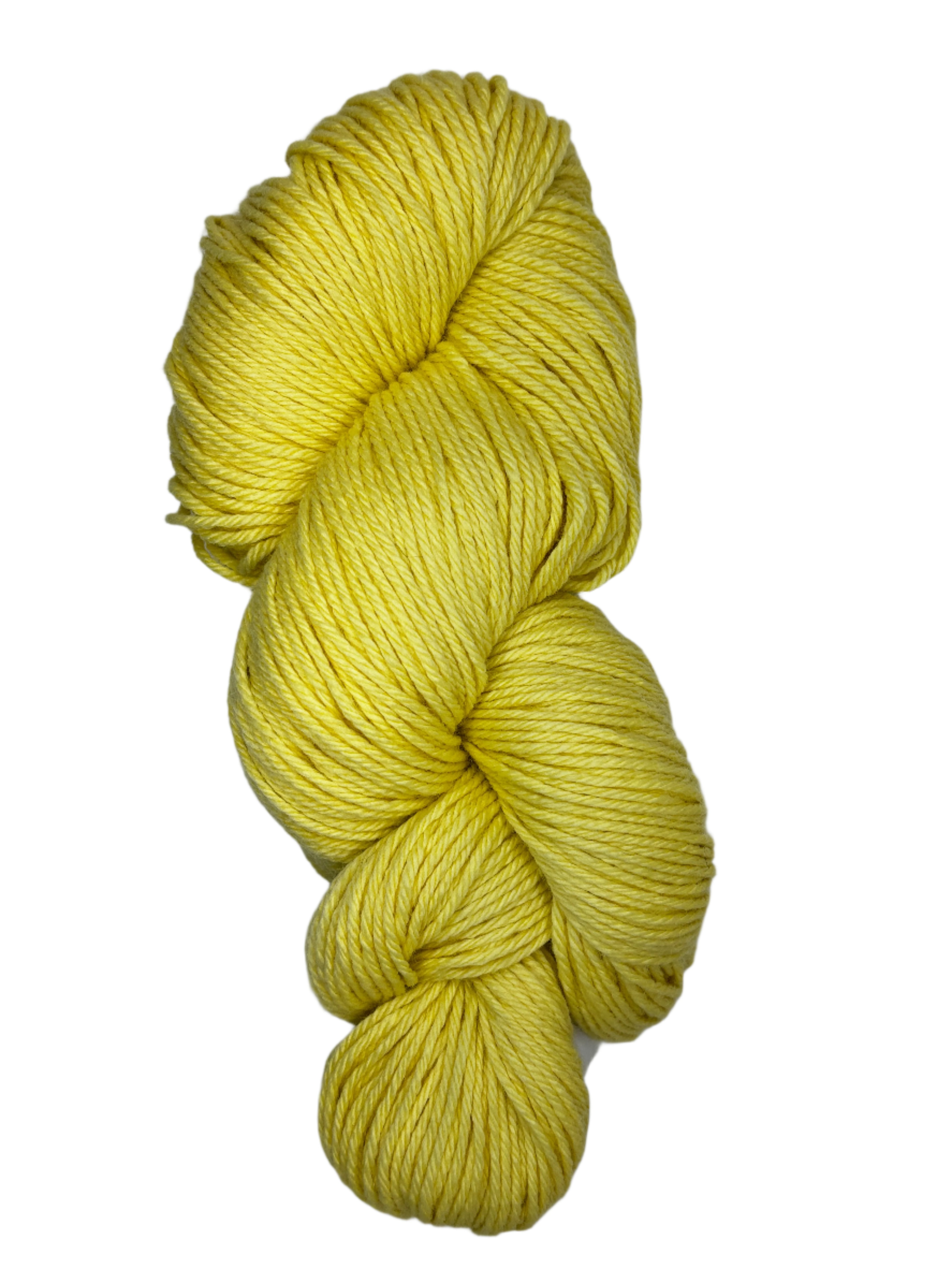 A skein of Berroco Vintage Worsted yarn color yellow