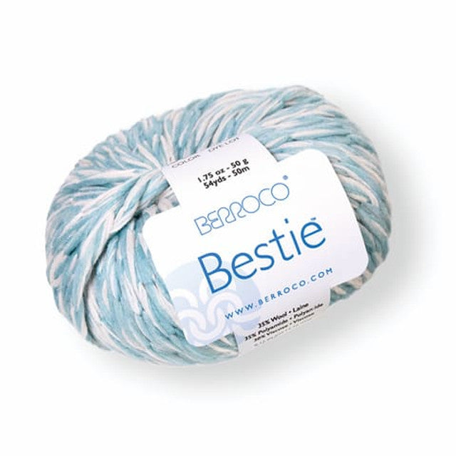 ball of berroco bestie yarn color white and blue