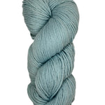 A skein of Berroco Vintage Worsted yarn color eggshell blue