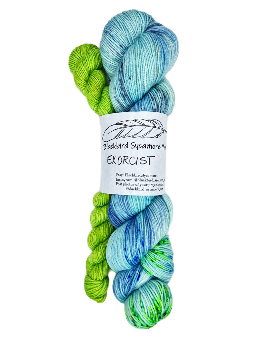 Blackbird Sycamore Sock Set yarn colors green and blue