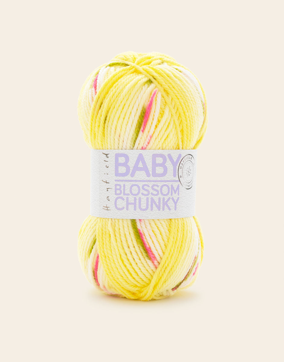 A yellow skein of Hayfield Blossom Chunky yarn