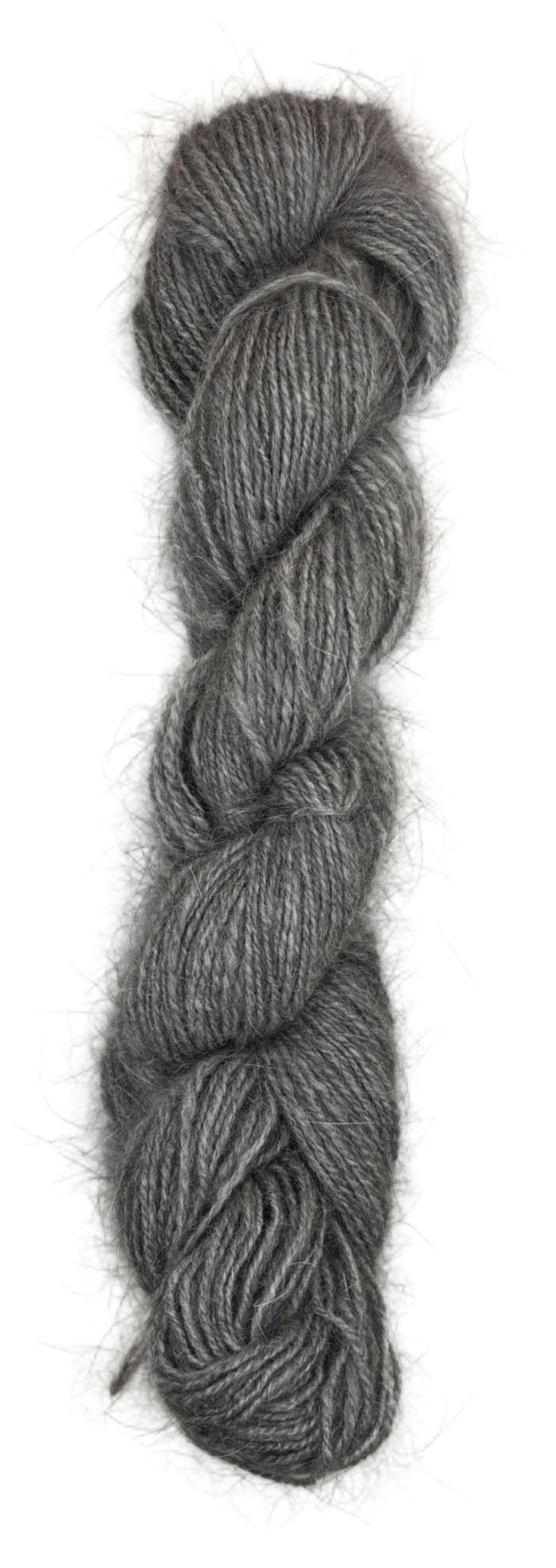A handspun skein of angora and merino yarn in a natural grey color