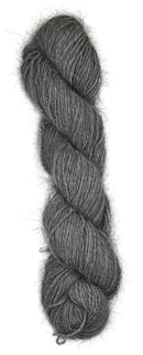 A skein of handspun angora and merino yarn in  natural grey color