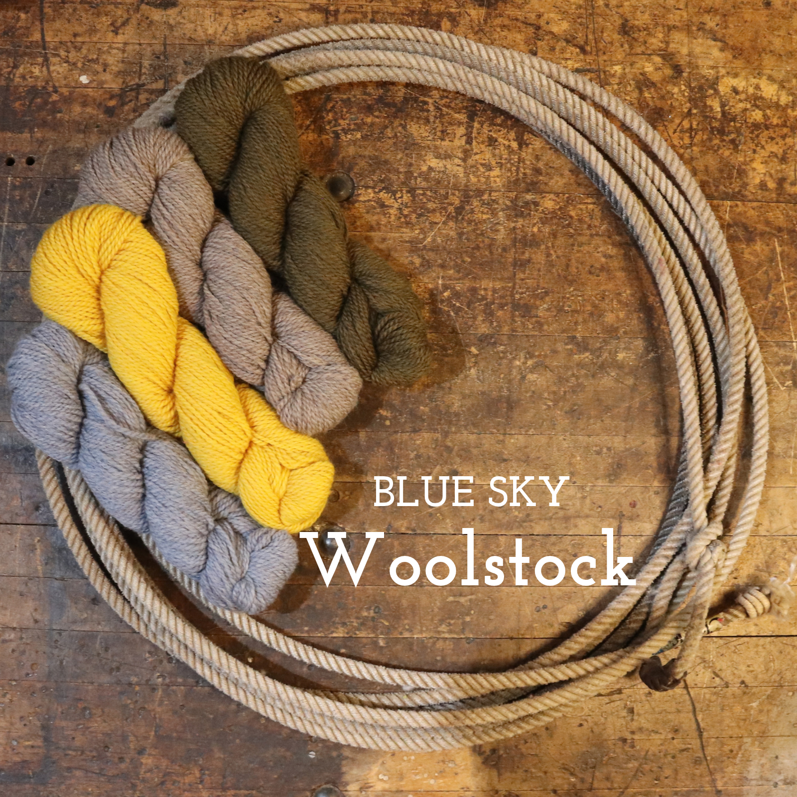 A coiled beige wool rope or yarn bundle arranged on a rustic wooden surface with three skeins of yarn in gray, yellow, and olive green. White text reads 'BLUE SKY Woolstock'.