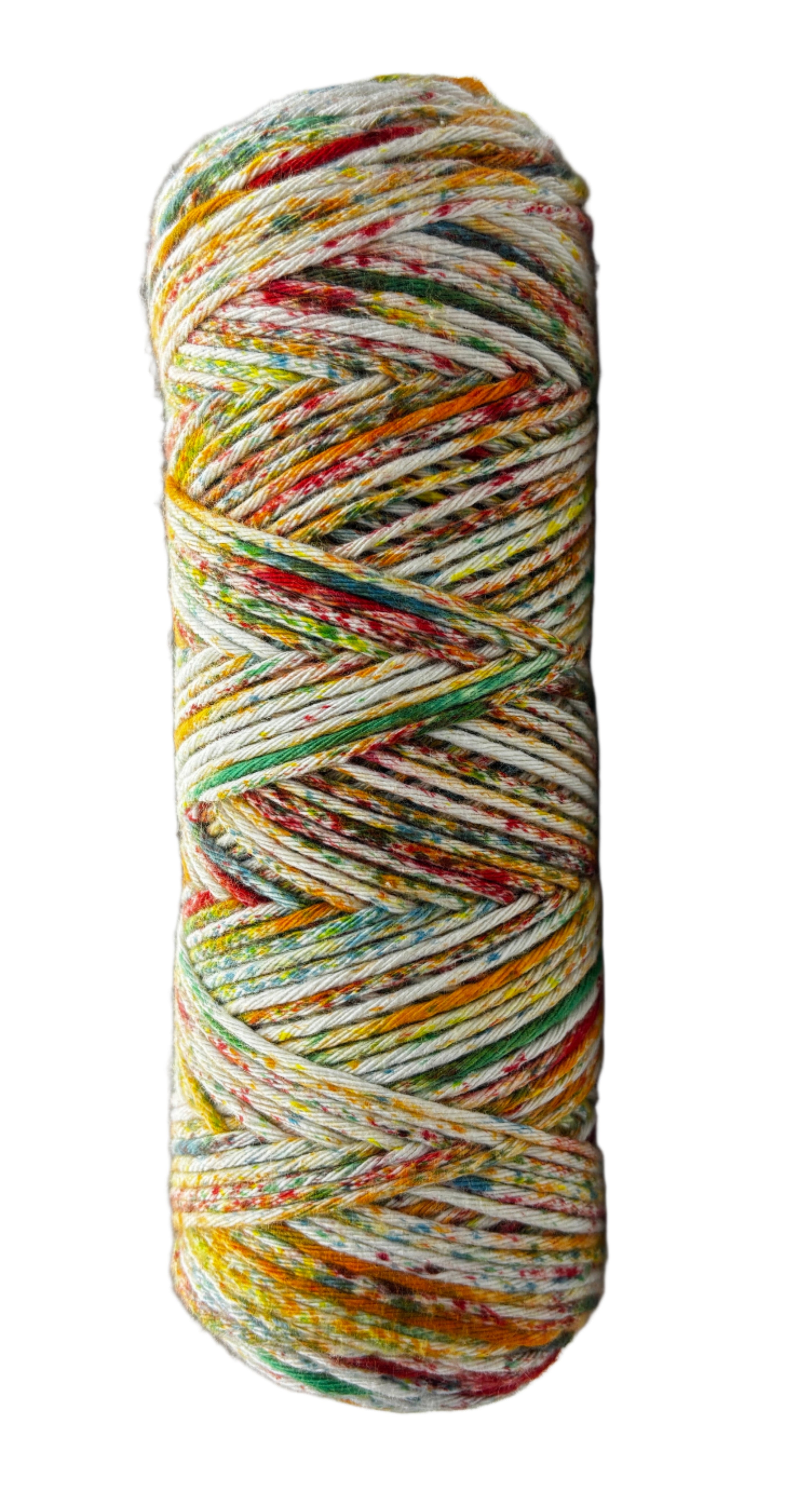 Green, red, yellow, orange speckled skein of yarn