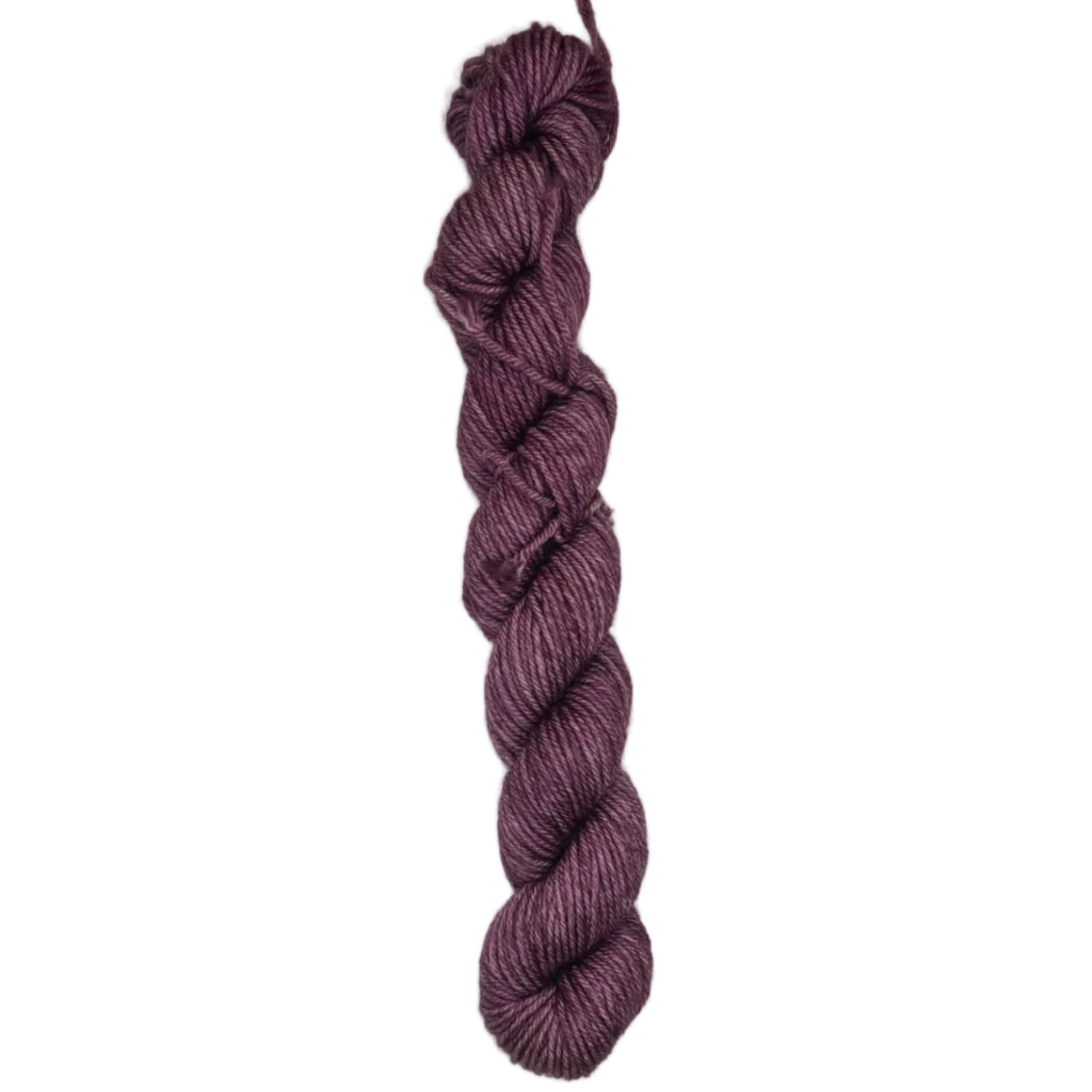 A skein of burgundy colored yarn on a white background