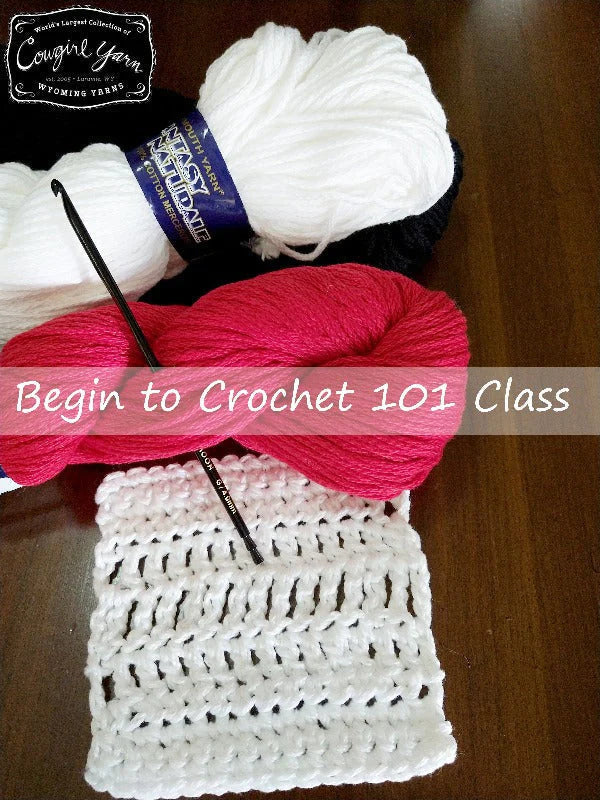 Graphic of the Begin to crochet 101 class with skeins of yarn and sample