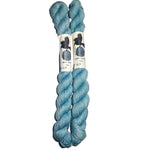 Two skeins of blue yarn with labels on a white background
