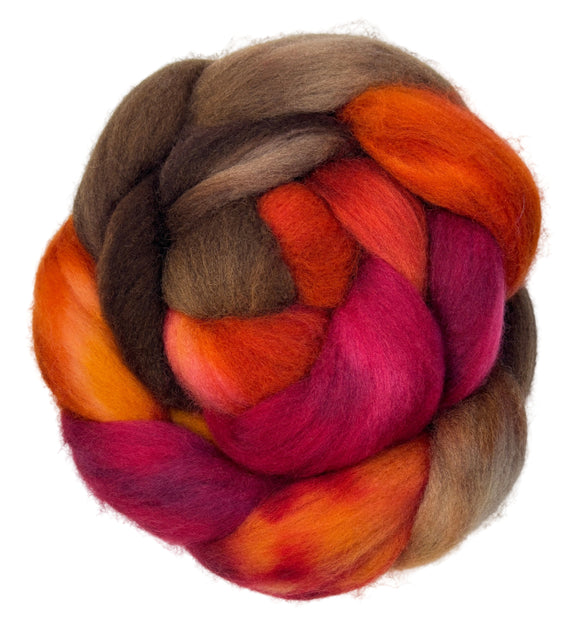 Polwarth combed top fiber braid in the colors orange red brown