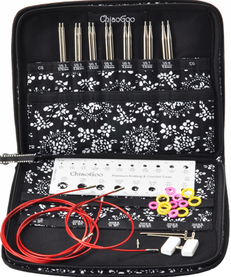 ChiaoGoo Black and White needle case, 8 knitting needles, interchangable cords, Stitch Markers, Needle Gauge
