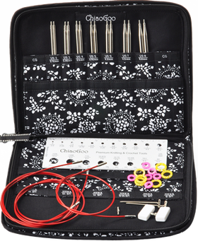 ChiaoGoo Black and White needle case, 8 knitting needles, interchangable cords, Stitch Markers, Needle Gauge