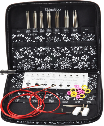 ChiaoGoo Black and White needle case, 8 knitting needles, interchangable cords, Stitch Markers, Needle Gauge