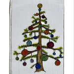Small rectangular tin with a cartoon design of a Christmas Tree on a white background