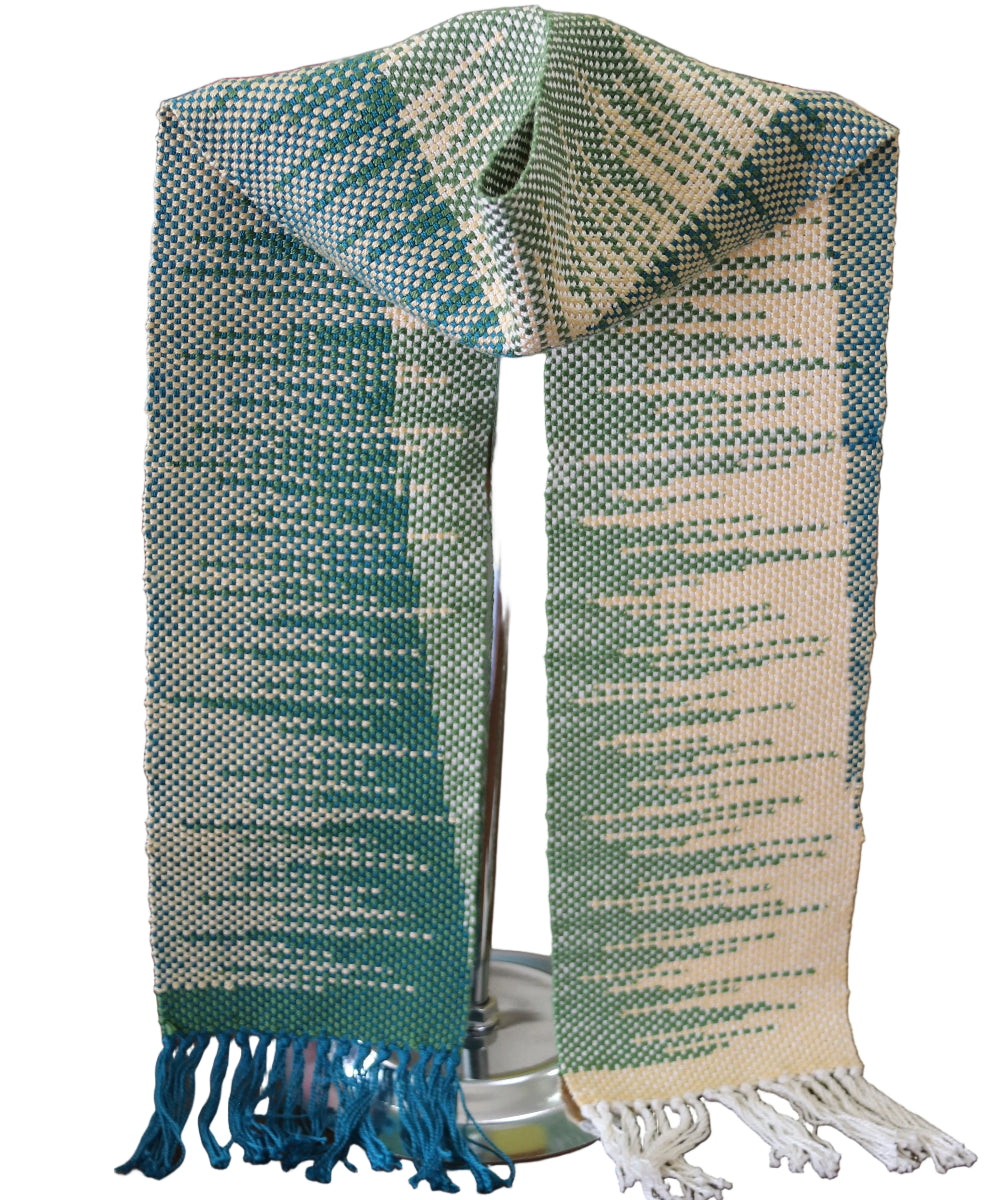 Blue and green woven scarf with squared geometric pattern
