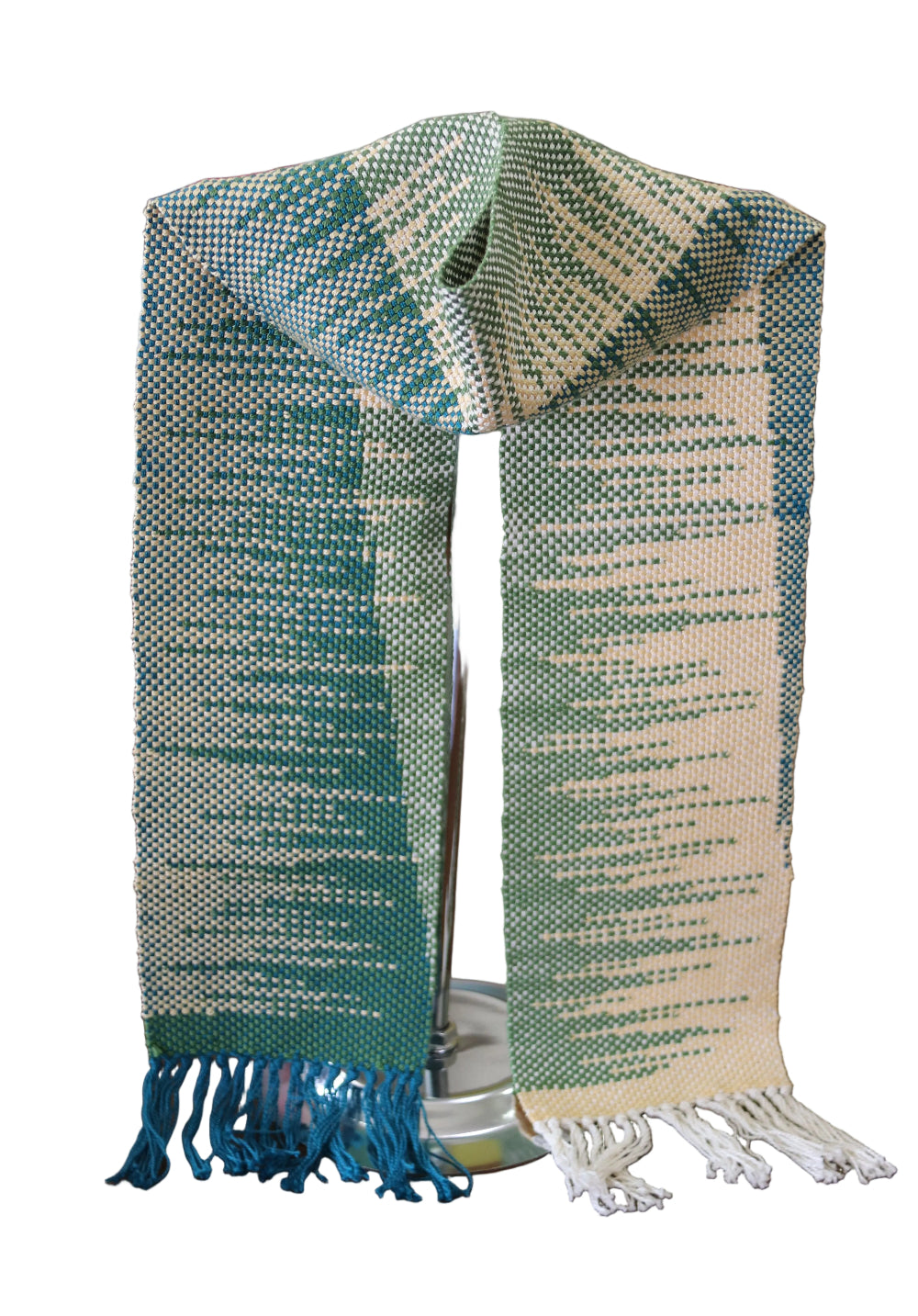 Blue and green woven scarf with squared geometric pattern
