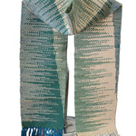 Blue and green woven scarf with squared geometric pattern