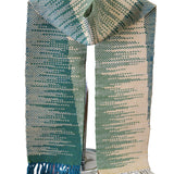 Blue and green woven scarf with squared geometric pattern