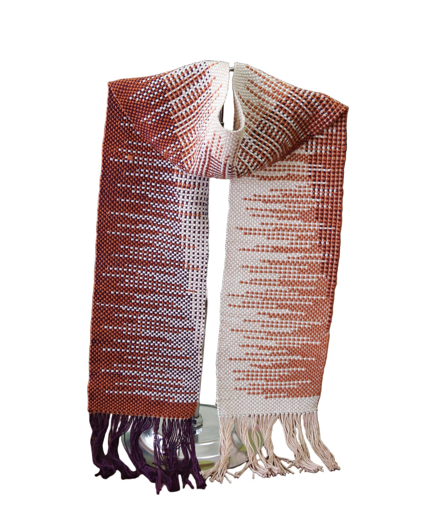 Orange and purple woven scarf with squared geometric pattern